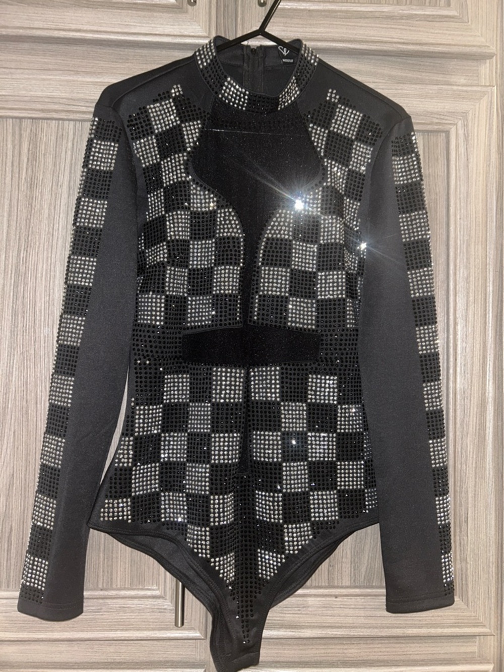 Windsor Luxury Black and Silver Rhinestone Checkered Long-Sleeve Bodysuit Large